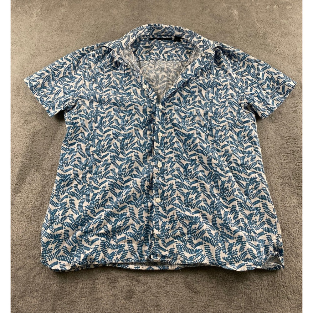 Perry Ellis Blue White Botanical Fern Leaf Print Cotton Button Up Shirt Womens M